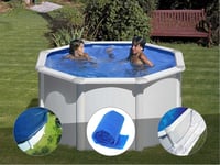 Kit piscine acier blanc Gré Fidji ronde 2,60 x 1,22 m + Bâche hiver + Bâche à bulles + Tapis de sol