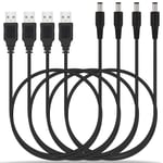 Lot de 4 Cable USB vers DC 5.5 x 2.1mm DC Barrel Jack Adaptateur d'Alimentation Universel pour Chargeur Convertisseur Câble DC pour Ordinateurs Lampe de Bureau Routeur MP3/4 Caméra 1M