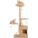 Grand Arbre à Chat en Bois Massif de 129 cm, Centre d'Activité pour Chat à Multi-Niveaux avec Condo et Boule Suspendue, Tour à Chat avec Cadre