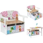 COSTWAY 3 en 1 Banc de Rangement Convertible avec 2 Bacs en Tissu Amovibles, Table Enfants avec Chaise et Motif d’Animaux, Coffre à Jouet pour Lire