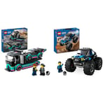 LEGO City La Voiture de Course et Le Camion de Transport de Voitures, Jeu de Construction & City Le Monster Truck Bleu, Jouet Camion Tout-Terrain et Minifigurine de Conducteur