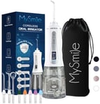 MySmile Hydropulseur dentaire sans fil puissant avec 5 modes d'affichage OLED, 8 embouts de jet remplaçables et réservoir d'eau amovible de 350 ml pour une utilisation à domicile (Noir)