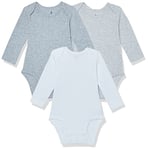 Amazon Essentials Body à manches longues en jersey, en coton élastique (anciennement Amazon Aware) Mixte Bébé, Lot de 3, Bleu Pâle/Gris Chiné/Gris Clair Teinture Spatiale, 0 mois