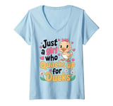 Womens Just a Girl Who Quacks Up for Ducks Cute Cartoon Design V-Neck T-Shirt