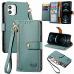 SATURCASE Coque pour Apple iPhone 12 / 12 Pro, Heart PU Cuir Flip Portefeuille Poche Double Boucle Magnétique Fermeture éclair Support Porte-carte Cordon Protecteur Housse Étui pour Apple iPhone 12 / 12 Pro (AX-Vert)