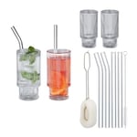 Relaxdays Lot de 4 verres côtelés style rétro 325 ml Passe au lave-vaisselle Pailles Café glacé Cocktail Transparent