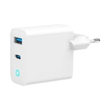 GaN USB-lader 65 W med 1xUSB-C PD og 1xUSB QC3.0 - Hvit