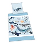 Herding Inhabitants of the Seas Bedding Set, Pillowcase 80 x 80 cm, Duvet Cover 135 x 200 cm, with smooth-running zip, 100% Cotton/Renforcé, Blue