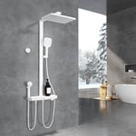 Emke - Colonne de douche thermostatique, 40 cm étagère en verre, Douche de tête, 3 Modes douchette à mains, Douchette enfant, Certification ktw, Blanc