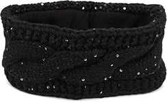 styleBREAKER Bandeau pour dames en grosse maille avec motif de tresse et paillettes, doublure polaire chaude, bandeau pour les cheveux, bandeau 04026002, couleur:Noir