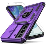 YZOK for Galaxy S21 FE 5G Case,with Camera Lens Cover HD Screen Protector,[Military Grade] Ring Car Mount Kickstand Hybrid Hard PC Soft TPU Shockproof Protective Case for Samsung Galaxy S21 FE-Purple