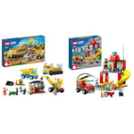 LEGO 60391 City Les Camions de Chantier et la Grue à Boule de Démolition, Jouet de Construction & 60375 City La Caserne et Le Camion des Pompiers, Jouet avec Véhicule d’Urgence, Jouet Éducatif