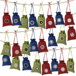 FAGUANG- Advent Calendar 2020 24 Advent Calendars Fabric Bag Christmas Calendar Bags Decoration with Advent Number Stickers Wooden Clips Hemp Rope-Red + Blue + Green