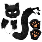 Plush mask med räv svans och öron set, katt svans räv kostym cosplay kostym med katt öron och tass handskar halloween cosplay black and white