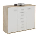 Idimex - Buffet elodie, commode meuble de rangement avec 4 tiroirs et 2 portes, en mélaminé décor chêne sonoma et blanc mat - Chêne Sonoma/Blanc