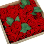 HIYAA Artificial Flowers, 50 Pcs Artificial Roses Fake Flowers with Stems,Foam Flowers Red Roses for Wedding,Party, Home,Anniversaries,Valentines Day Decorations