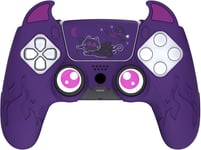 Protection Manette Pour Ps5 Avec Capuchon Joystick,Coque De Protection Compatible Avec Ps5 Station De Charge,Protège Manette Pour Ps5 Grip Avec Sticker Pavé Tactile-Violet(Cute Demon)