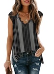 Aokosor Tank Tops for Women V Neck Lace Summer Vests Ladies Casual Sleeveless Shirts Black Striped Size 6-8