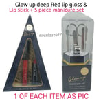 Glow up deep Red Lip gloss&lip stick+ 5 piece manicure set 1 OF EACH item as Pic