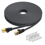 Cat 7 Câble Ethernet 10m, Câble Réseau Gigabit Ethernet Cat7 à Haut Débit 10Gbp/600Mhz, Câble LAN Plat Tressé Rj45 Câble de Patch Blindé avec Serre-Câbles pour Xbox PC Laptop Routeur TV.[G206]