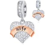 Wife and Husband Heart Pendant Charms fits Pandora Valentines Anniversary Bracelet, Sparkle CZ 925 Sterling Silver Beautiful Wifey Beads, Gift for Lover/Couple/Bride/Wedding