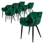 Lot de 8 chaises de salle à manger assise vert foncé en velours pieds métal noir