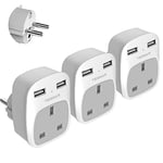 UK to European Plug Adapter 3 Pack, TESSAN Grounded Travel Adapter to EU Euro Schuko with 2 USB Ports for Europe Spain France Germany Greece Turkey Portugual Iceland Poland Finland and More (Type E F)