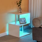 Vuszr - Table d'appoint à led blanche brillante avec 2 étagères de rangement et tubes en acier pour salon, petite table basse, meuble de rangement