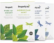 Dragonfly Tea Green Tea Collection (4x20-80 Teabags) Green Tea Gift Set, Organic Green Tea Bags, Swirling White Mist, Pure Green Mountain, Moonlight Jasmine & Moroccan Mint, Green Tea Selection.