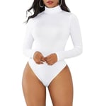 Joyshaper Bodysuit for Women Long Sleeve Turtle Neck Bodysuits Top Ladies Slimming Body Suit Thong Sexy Leotard Tank Top with Snap Closure Casual Going Out Winter Outfit White XL