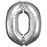 Amscan 9906285 – Ballon gonflable géant chiffre 0, taille 66 x 88 cm, argenté, XXL, ballon d'hélium, anniversaire, décoration de fête