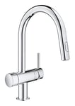 GROHE Minta 31916000 Robinet mitigeur double jet avec robinet d'arrêt intégré (bec C haut, zone pivotante à 90°, cartouche en céramique 46 mm, embouts 3/8"), taille 379 mm, chrome, 31916000