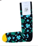 HAPPY Socks Men's Black Green Clover Leaves Cotton Soft Crew Socks Size 8-12 NWT