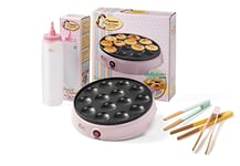 Bestron Poffertjesmaker Kit avantageux avec bouteille à pâte et 3 pinces de service, idéal pour Noël, Pâques ou anniversaires d'enfants, design rétro, 800 W, couleur : rose