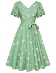 Belle Poque Robe de soirée vintage années 1950 en dentelle à manches courtes avec ceinture et poches pour femme, Vert floral, XXL