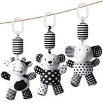 Aolso Jouets Suspendus Cadeau pour Bébé, 3Pcs Jouet Hochet Animaux, Siège de Voiture, Landau, Spirale Jouet Mignon Noir Blanc, Peluche Jouet à Suspendre Nouveau-né CadeauSensoriel Jouet a Suspendre