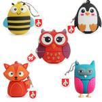 Lot de 5 Clé USB 16Go Silicone Mignon Petits Animaux Stockage Externe pour Ordinateur Portable PC Idéal Cadeau(Renard Abeille Hibou Pingouin(Q831)