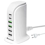 Chargeur USB Multiple, Chargeur Rapide USB C 65W avec PD 20W et QC3.0, Station De Charge USB Multi-Ports, 6 Ports De Charge Compatibles avec iPhone/Samsung/Xiaomi et Autres appareils USB (Blanc)