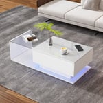 Table basse blanc brillant 100x50x32 cm - avec plateau et tiroirs en verre, anti-rayures, avec 1 tiroir, avec éclairage led, style moderne