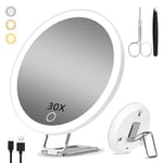 Miroir grossissant avec lumière 30X, 15cm 3 Modes de Couleur Dimming Miroir de Maquillage Lumineux 30X, Grand Miroir Grossissant de Voyage Rechargeable avec 3 Ventouses et Support de Table 360°