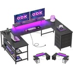 ODK Bureau avec Tiroirs, Bureau d'angle Réversible avec Multiprise, Bureau Gaming avec LED et Support pour Moniteur pour Bureau à Domicile, 167×102 cm, Noir