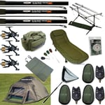 Full Carp Fishing set up Bivvy Tent Bed Chair 3 Rods Reels Bag Alarms Tackle Net