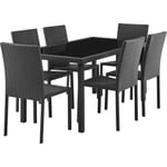Ensemble repas de jardin - table en verre trempé et 6 chaises en résine tressée noir - Table 160x80x73 cm - Chaise : 44x54x88 cm