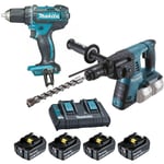 Perceuse visseuse DDF482 + Perforateur burineur sds-plus DHR264 Makita avec 4 batteries 18VAh + chargeur double Makita LOT0234