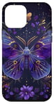 Coque pour iPhone 12 mini Papillon bleu foncé Luna Moth Witchy Blue et fleurs violettes