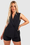 Womens Plus Crepe Sleeveless Blazer & Short Set - Black - 22, Black