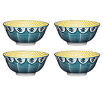 KitchenCraft Set of 4 Glazed Stoneware Bowls with Mediterranean Leaf Pattern, Green & Yellow Ceramic Bowls with Footed Base, Microwave & Dishwasher Safe, 15.7 cm (6"), POKCBOWL28