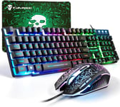 Ensemble Clavier Souris Gaming,QWERTY UK Layout Clavier Rétroéclairé Coloré LED Filaire Souris 4 Boutons 2400DPI Tapis de Souris,Compatible avec Windows,Mac OS,PS4,Xbox(Adaptateur Requis) Noir