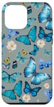 iPhone 14 Pro Max Blue Butterflies on Retro Mint Green with Vintage Flowers Case