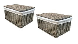 SET OF 2 Lidded Wicker Storage Basket With Lining Xmas Hamper Basket Brown Small 30 x 20 x 11.5 cm